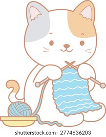 Illustration of cute cat knit blue knitting