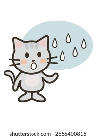Una ilustración de un lindo gato mirando hacia el cielo mientras la lluvia ligera comienza a caer