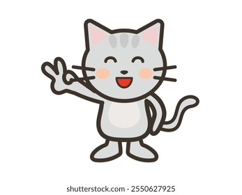 Illustration of a cute cat making a peace sign with a big smile