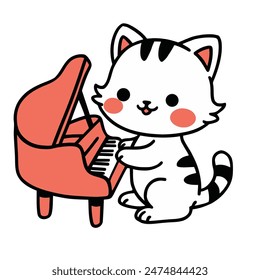 illustration of a cute cat musician playing a piano