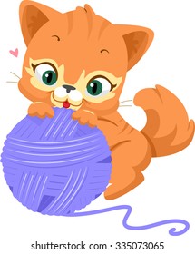 Ilustración de un gato lindo jugando con una bola de yarn