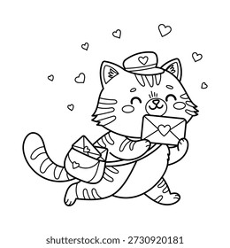 Illustration of a cute cat postman carries love letters with hearts in cheerful line art drawing