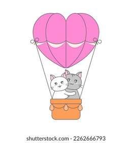 Illustration Of Cute Cat Riding on Hot Air Balloon.