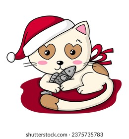 Illustration of a cute cat with a Santa's hat and a red ribbon ribbon and a fish in its paws, print design