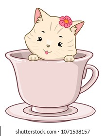 Illustration einer niedlichen Katze, die in einem rosafarbenen Cup auf Saucer sitzt. Cat Café Konzept