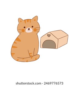 illustration of cute cat sitting next to the house on white background	