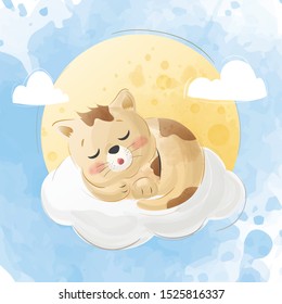 Illustration Cute Cat Sleeping Clouds This Stock Vector (Royalty Free ...