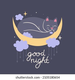 Illustration of a cute cat sleeping on the moon. Vector graphics.