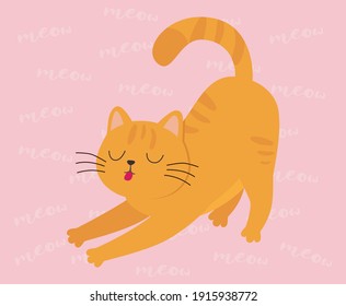 Illustration of Cute cat with Striped Tail Standing in Yoga Pose. Brown cat Vector illustration character design. Vector flat cartoon illustration of Orange cat. 
