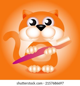 Illustration süßer Katzen mit Zahnbürste in orangefarbener Farbe