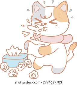 Illustration of cute cat very sick with snot spurting