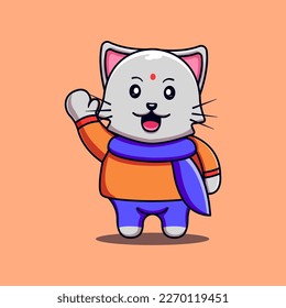 Illustration of cute cat waving Cute Cat Celebrating Holy Festival, Vector Illustration Cat Mascot Cartoon Character