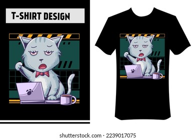 illustration of cute cat working overtime, with laptop and coffee, street wear clothing concept design. vector illustration. suitable for clothing, t-shirts, apparel, merchandise, posters, stickers.