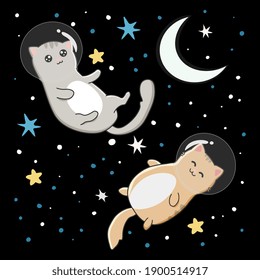 Illustration with cute cats astronauts on starry space background. Perfect for posters, greeting cards and other design.