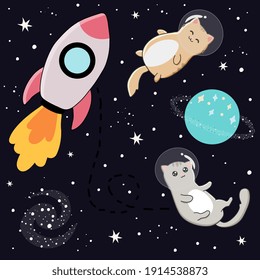 Illustration with cute cats astronauts on starry space background. Perfect for posters, greeting cards and other design.