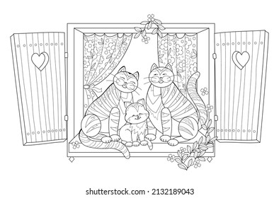 Illustration of cute cats family sitting on the window. Zen-tangle style image. Printable page for drawing and meditation. Coloring book for children and adults. Black and white vector.