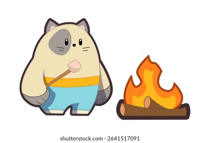 Illustration of cute cats in kawaii style. Chibi cat character making marshmallows on a campfire