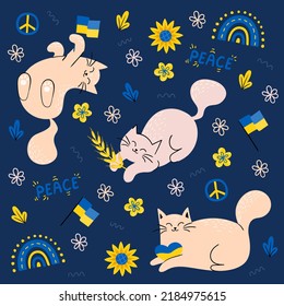 Illustration of cute cats on dark background, Ukrainian symbols, peace, love, no war, heart, sunflower, ear of corn, flowers.