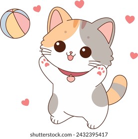 Illustration von niedlichen Katzen spielt mit Ball . Grafische Elemente für Kinder. Cartoon handgezeichneter Stil.