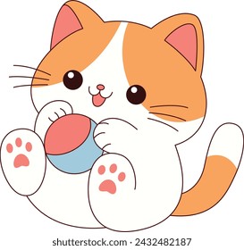 Illustration of cute cats is playing with ball . Graphic elements for kids. Cartoon hand drawn style.