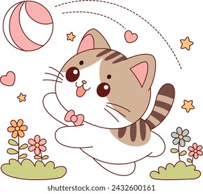 Illustration of cute cats is playing with ball Graphic elements for kids Cartoon hand drawn style