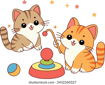 Illustration of cute cats are playing with balls