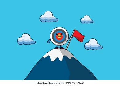 Illustration of cute character Archery target climbs top mountain in flat modern design
