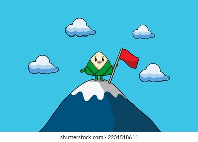 Illustration of cute character Chinese rice dumpling climbs top mountain in flat modern design