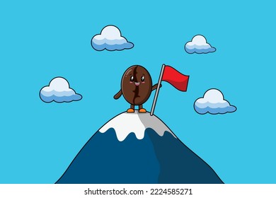 Illustration of cute character Coffee beans climbs top mountain in flat modern design