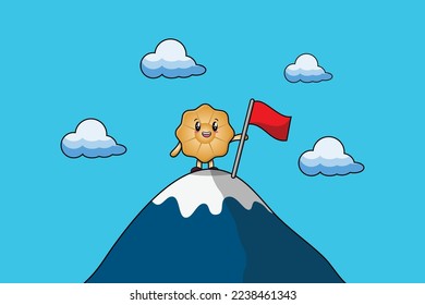 Illustration of cute character Cookies climbs top mountain in flat modern design