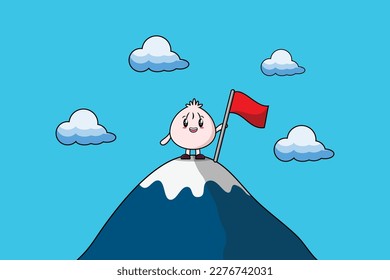 Illustration of cute character Dim sum climbs top mountain in flat modern design