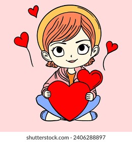 illustration of cute character holding a heart, character illustration for Valentine's Day, flat design style