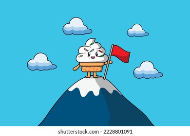 Illustration of cute character Ice cream climbs top mountain in flat modern design