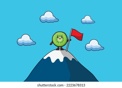 Illustration of cute character Kiwi fruit climbs top mountain in flat modern design