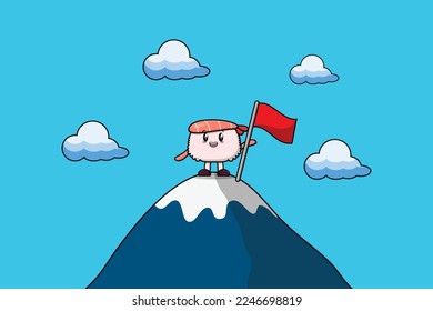 Illustration of cute character Sushi shrimp climbs top mountain in flat modern design