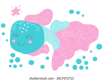 Illustration of cute cheerful blushing fish with, starfish and bubbles on a white background. Isolated design for baby products, nursery, clothing, poster, sticker in Scandinavian style. Vector.