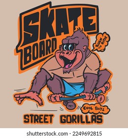 illustration of a cute cheerful gorilla skateboarding