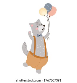 ilustración de un lindo lobo gris alegre con pantalones cortos con globos en la mano. lobo con un arco en el cuello. Por el cumpleaños de vacaciones. para diseño, invitaciones, tarjetas. estilo plano, vector