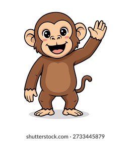 An illustration of a cute, cheerful monkey cartoon character waving its hand with a big smile, isolated on a white background. Great for children books, greeting cards or animal themed designs.
