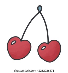 Illustration of cute cherries for Valentine's day. Can be used for cards, invitation, stickers. Isolated vector illustration on white background.