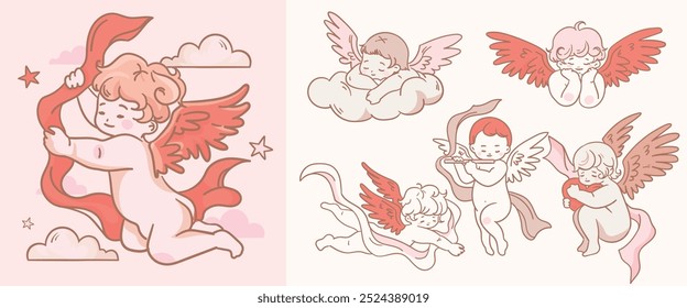 Illustration of cute cherubs with wings in various poses, including holding a ribbon, sleeping on a cloud, and playing musical instruments.