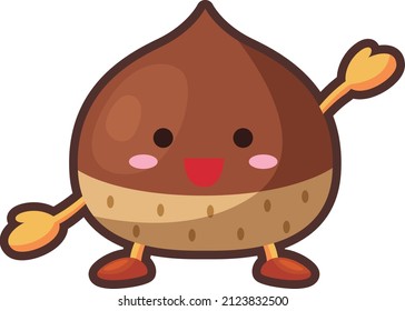 Illustration of a cute chestnut character raising one hand with a smile