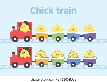 Illustration of cute chick characters on a colorful toy train