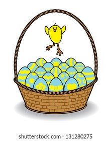 Illustration of a Cute Chick Jumping over a Brown Wicker Basket full of Decorated Blue and Yellow Eggs on White Background