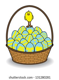 Illustration of a Cute Chick standing on a pile of Decorated Blue and Yellow Eggs in a Brown Wicker Basket on a White Background