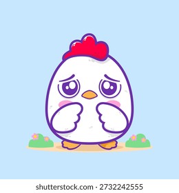 Illustration of a cute chicken design standing on the ground with a very sad and miserable expression on a bright blue background