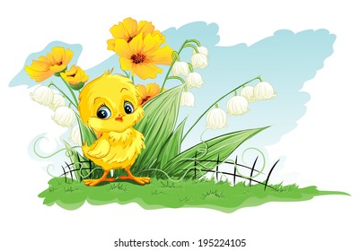 Illustration cute chicken on a background of yellow flowers and lily of the valley