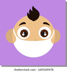 Illustration of cute child face with black hair, in protective medical mask against viruses and infections, to stop the spread of Coronavirus. Isolated flat elements. Hand drawn icon. EPS10 vector.