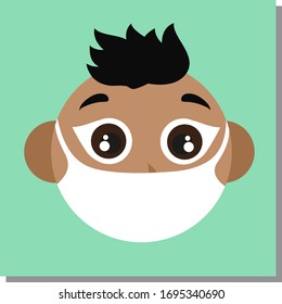 Illustration of cute child face with black hair, in protective medical mask against viruses and infections, to stop the spread of Coronavirus. Isolated flat elements. Hand drawn icon. EPS10 vector.