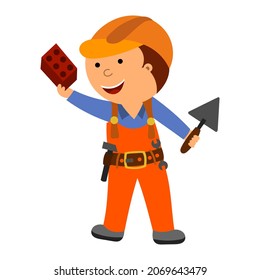 Illustration of a cute child in a helmet, a builder with a brick in his hands, vector isolated on a white background